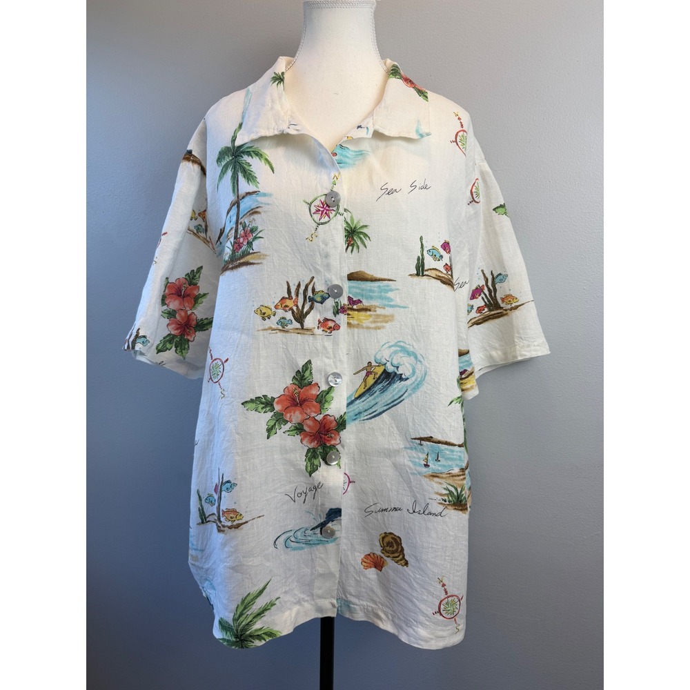 Vintage Hot Cotton Linen Tropical Novelty Print Button Up White 2X Beach‎ Resort